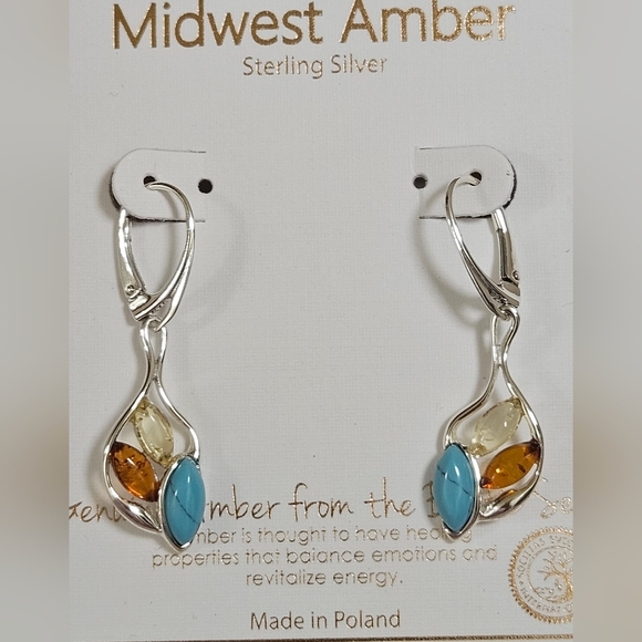 MIDWEST AMBER STERLING SILVER BALTIC AMBER POLAND 1.5" TURQUOISE EARRINGS NIB - Picture 6 of 7
